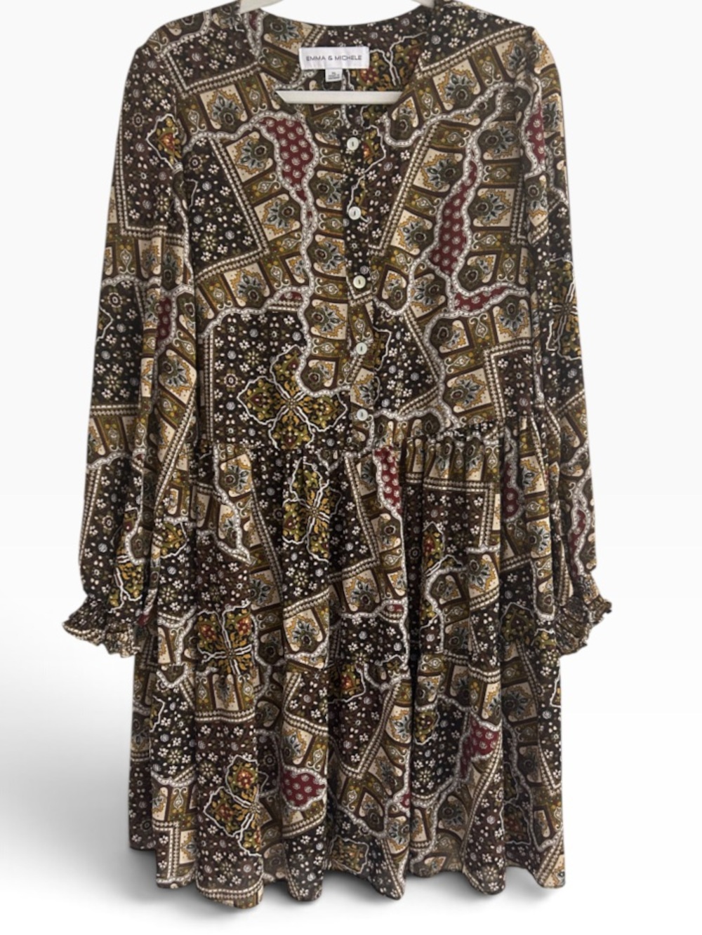 Emma & Michele Patchwork Tiered Long Sleeve Babydoll Mini Dress Size XL